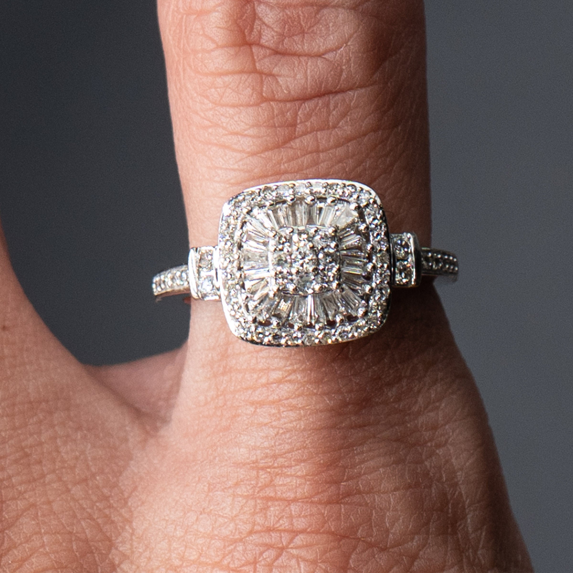 14k White Gold Round & Baguette Diamond Pave Engagement Ring