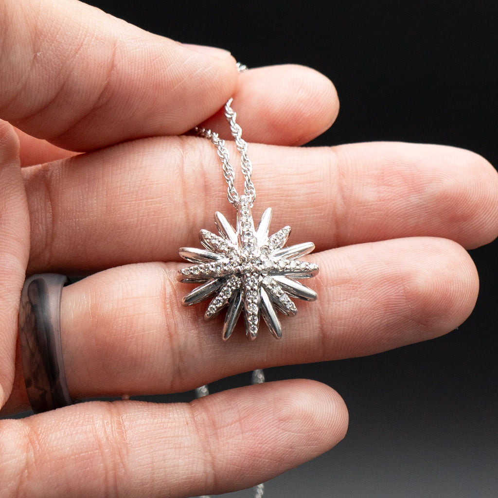 10k White Gold Round Cut Diamond Pave Star Pendant Necklace