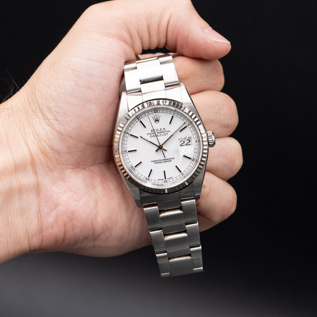 Pre-owned Rolex 16234 Datejust white dial stainless steel watch with box and papers