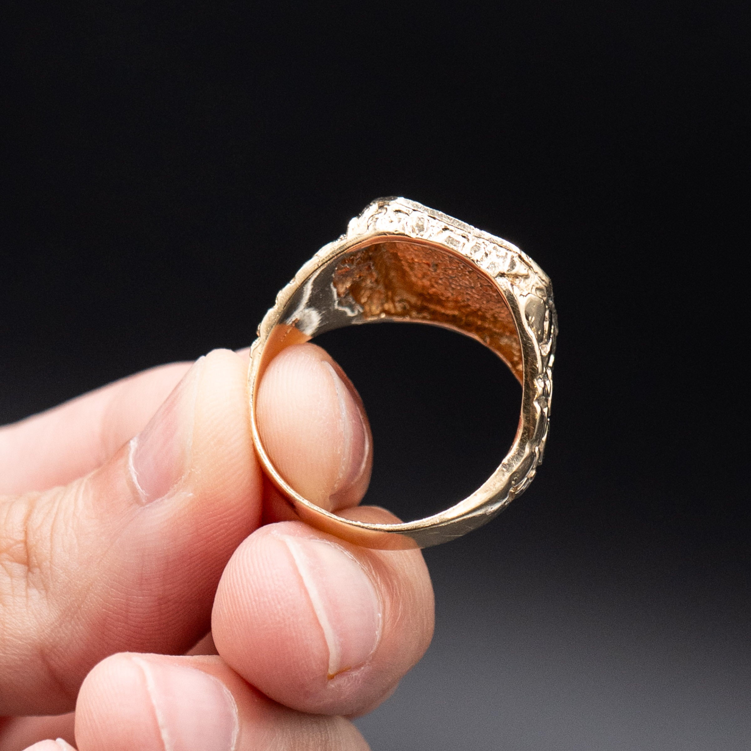 14k Yellow Gold Wide Nugget Textured Mens Ring