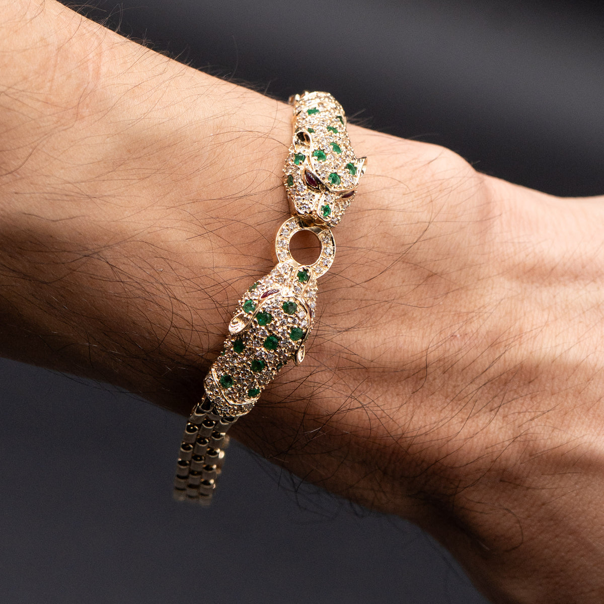14k Yellow Gold Diamond & Emerald Panther Bracelet