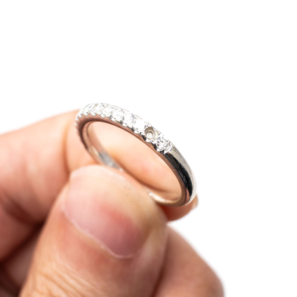 14k White Gold Round Diamond Halfway Wedding Band (1 stone missing)