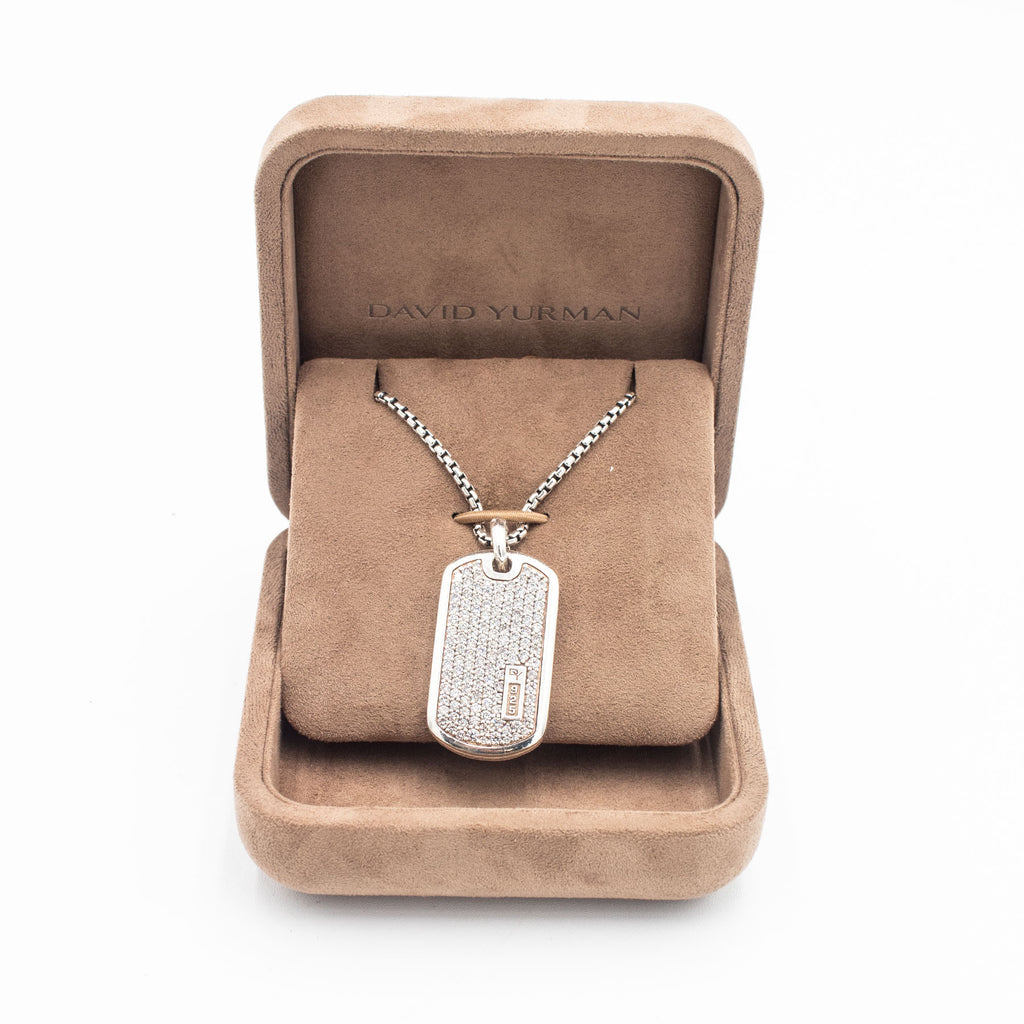 David Yurman Sterling Silver Diamond Pave Dog Tag Necklace