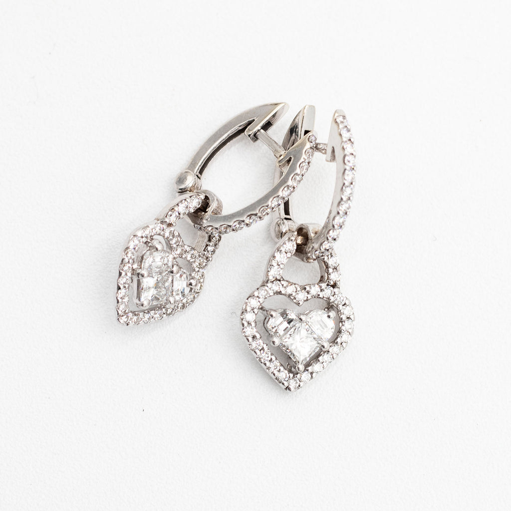 14k White Gold Diamond Halo Dangle Heart Earrings