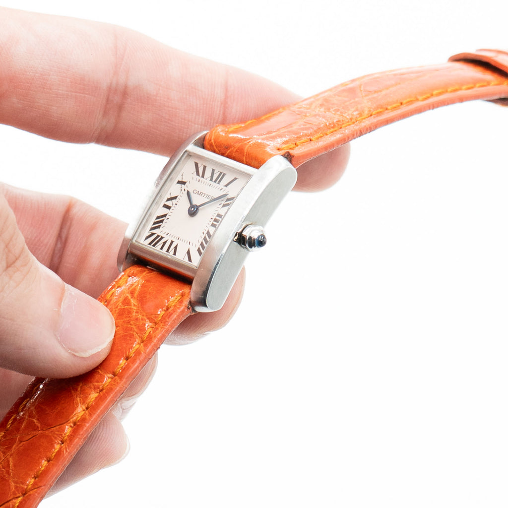 Cartier Tank Stainless Steel Ladies Watch On Orange Leather Strap