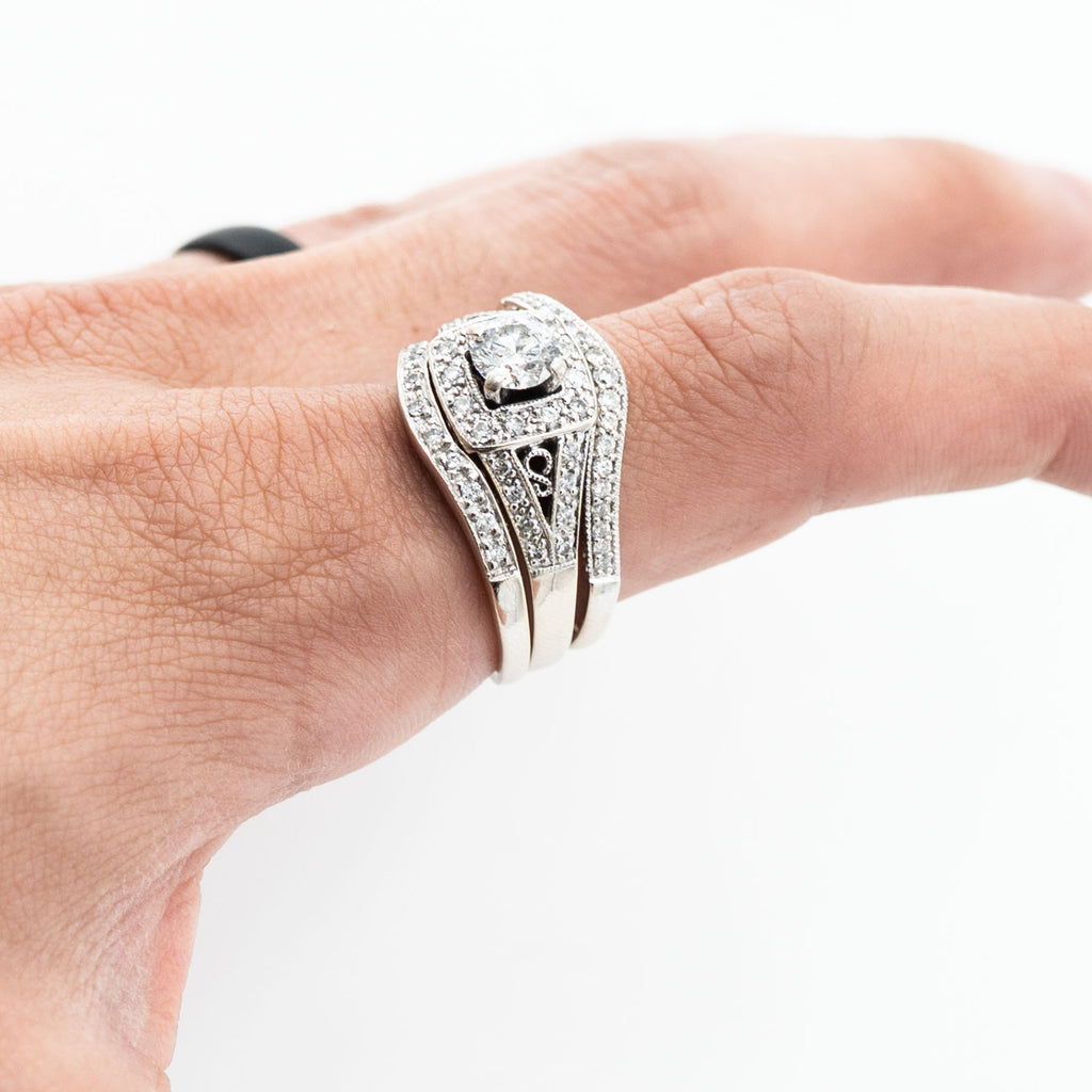 14k White Gold Round Diamond Three Piece Engagement Ring