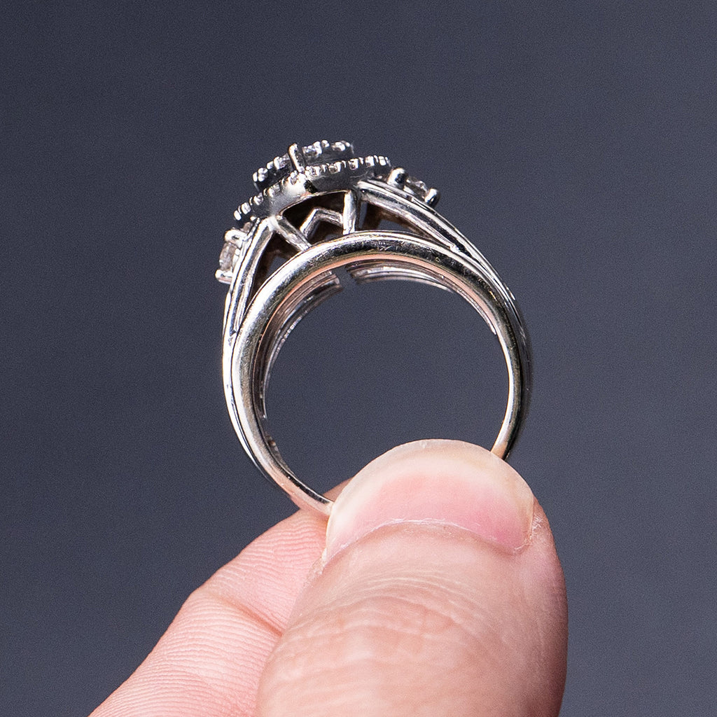 14k White Gold Round & Baguette Diamond Pave Pear Shape Ring