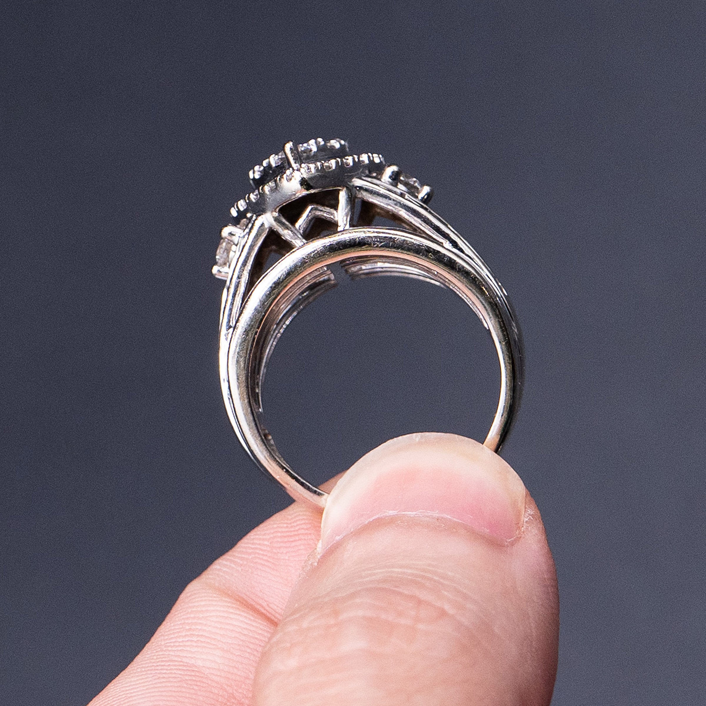 14k White Gold Round & Baguette Diamond Pave Pear Shape Ring