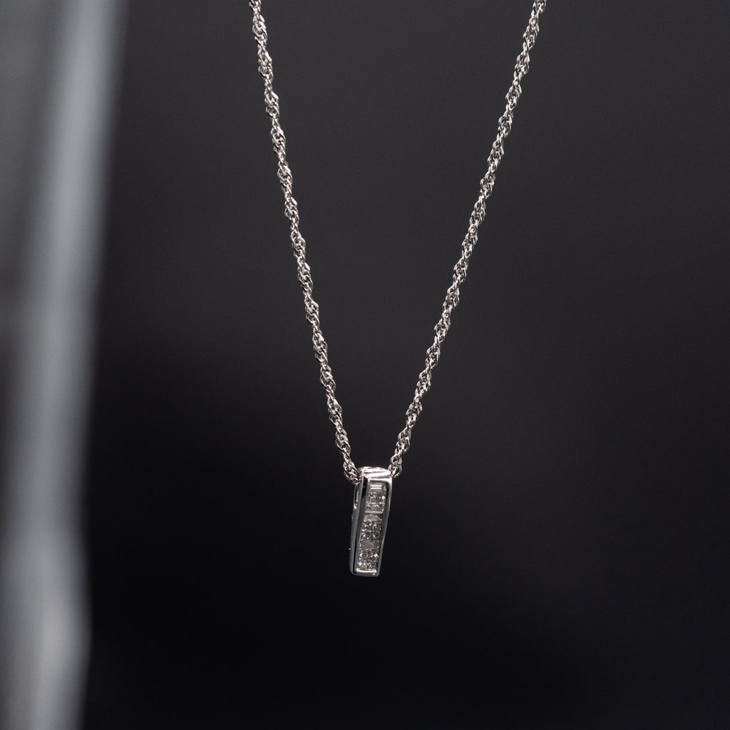 14k White Gold Princess & Baguette Cut Diamond Pendant Necklace