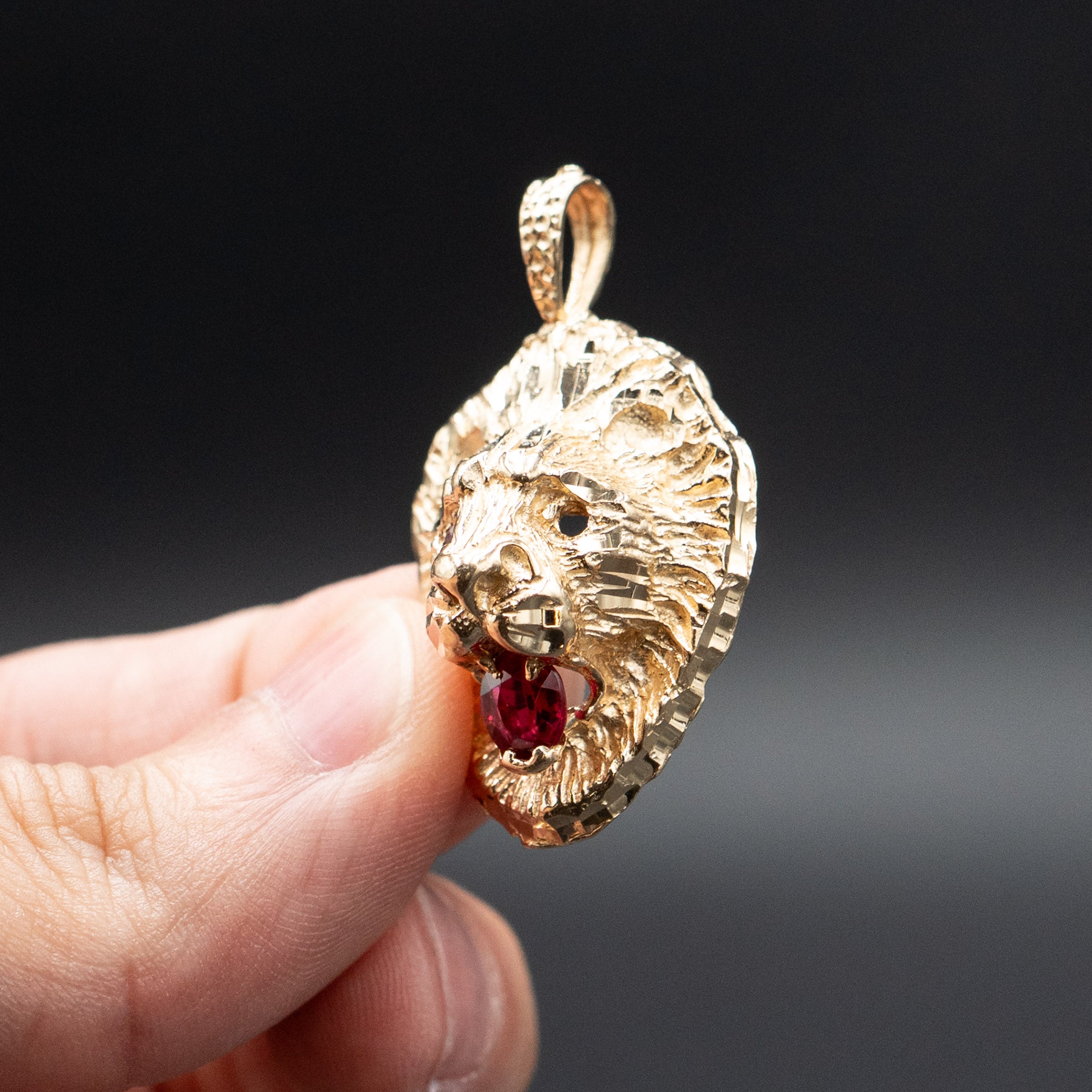14k Yellow Gold Lion Head Ruby Pendant