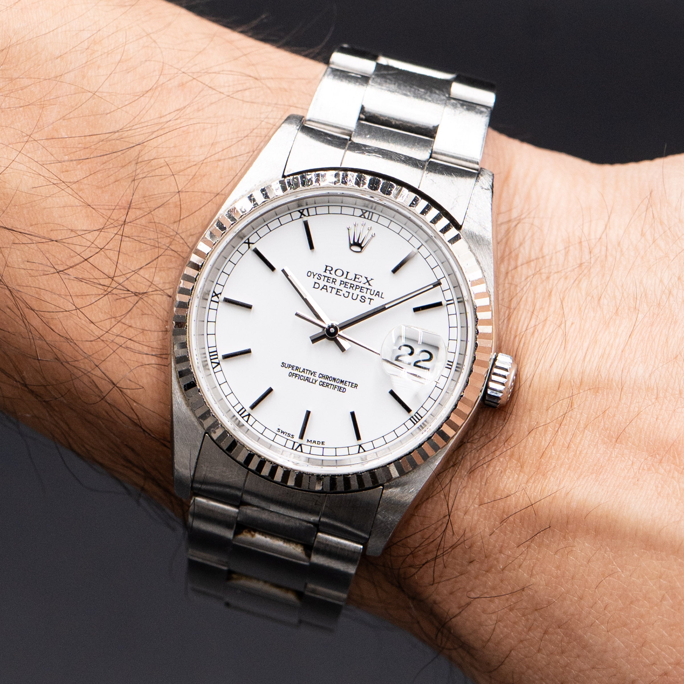 Pre-owned Rolex 16234 Datejust white dial stainless steel watch with box and papers