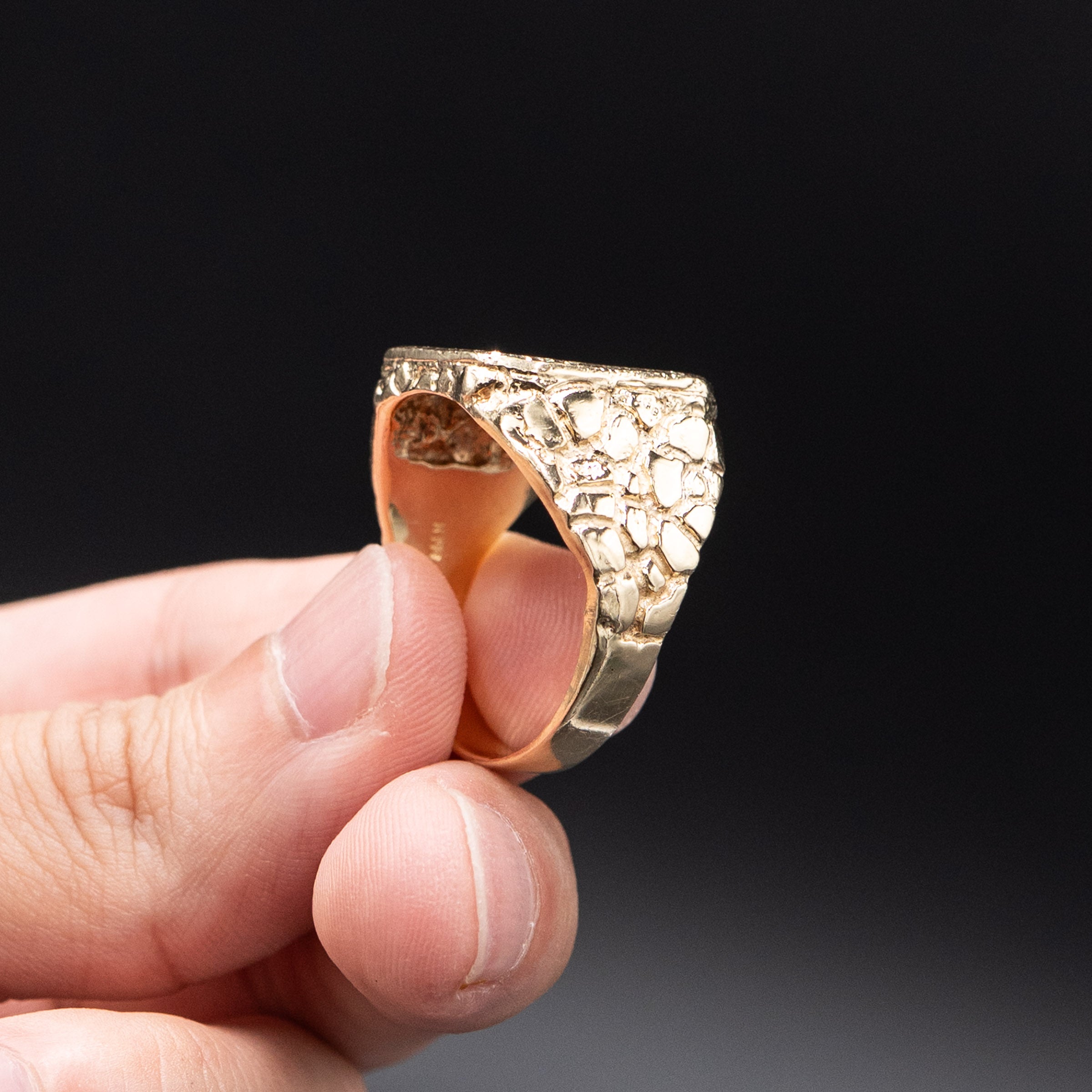14k Yellow Gold Wide Nugget Textured Mens Ring