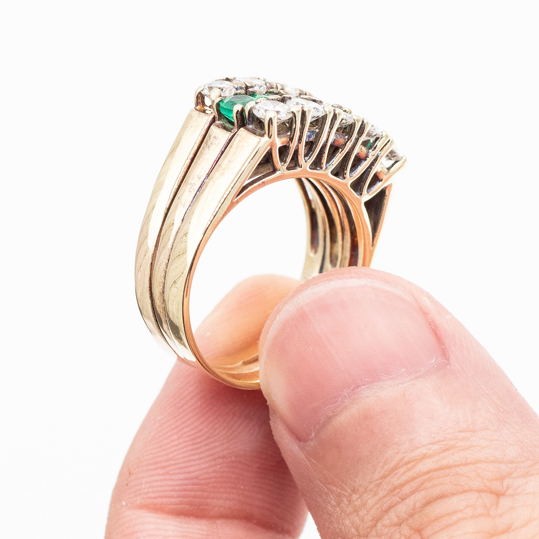 14k Yellow Gold Round Diamond & Emerald Wide Ring