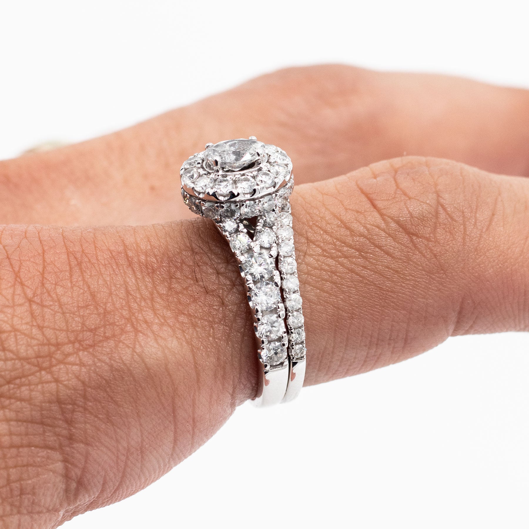 14k White Gold Round Diamond Halo Engagement Ring & Band Set