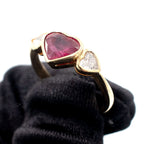 18k Yellow Gold Ruby & Diamond Heart Bezel Set Three Stone Ring