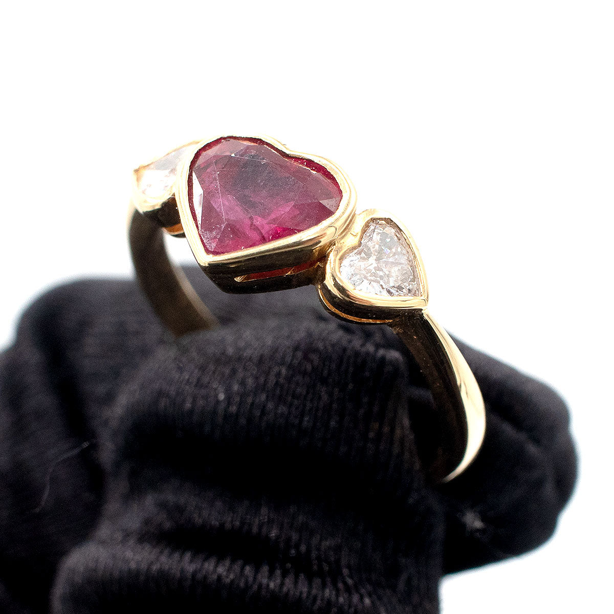 18k Yellow Gold Ruby & Diamond Heart Bezel Set Three Stone Ring