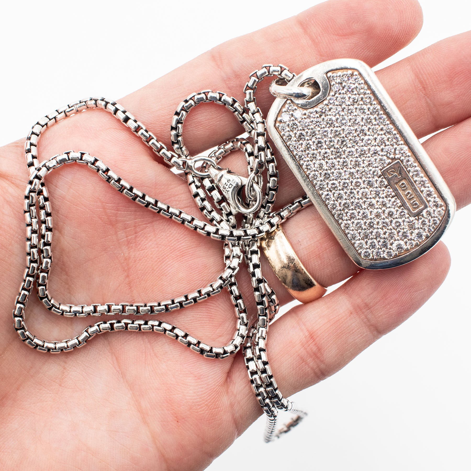 David Yurman Sterling Silver Diamond Pave Dog Tag Necklace