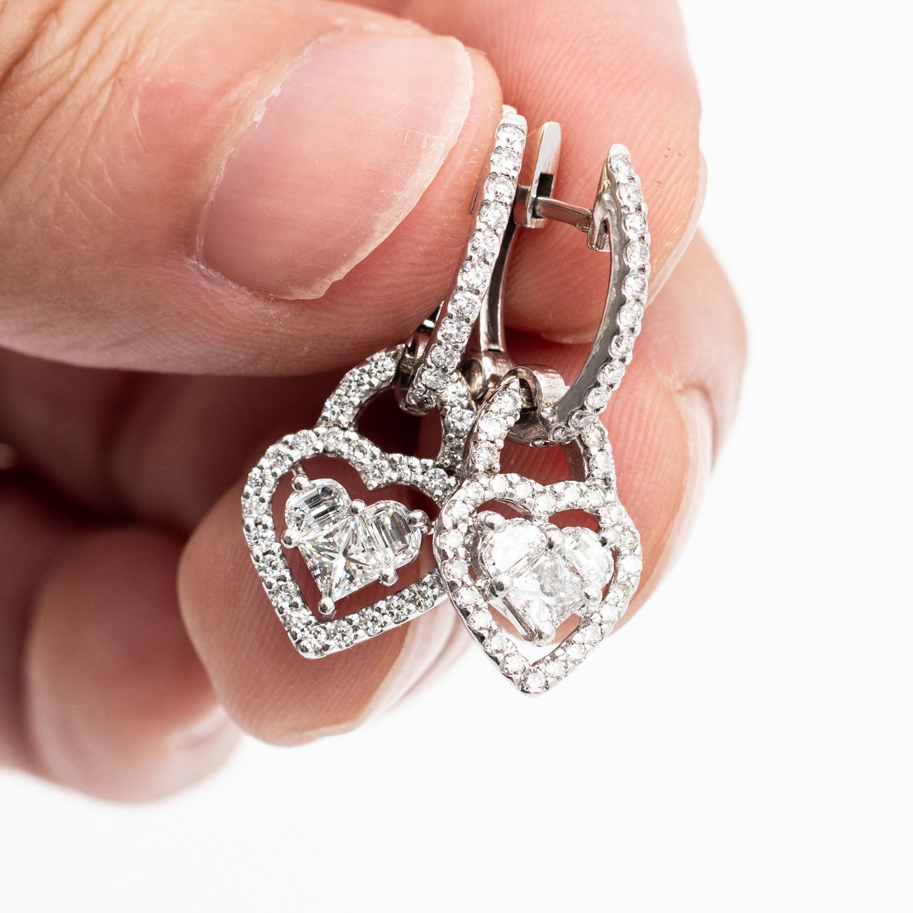 14k White Gold Diamond Halo Dangle Heart Earrings