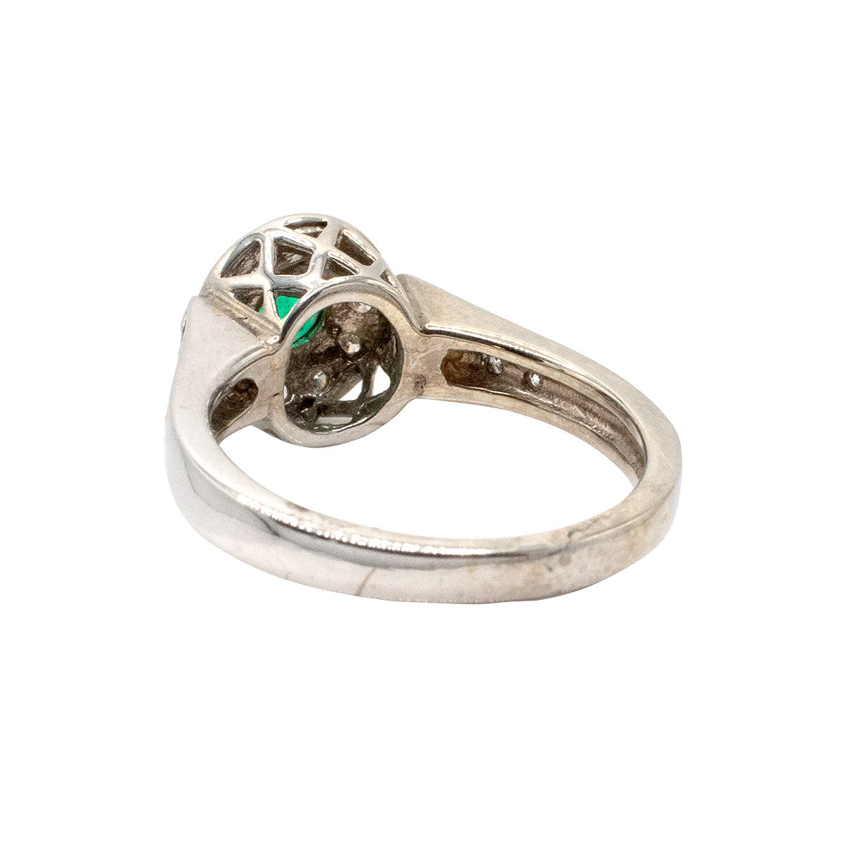 14k White Gold Bezel Set Round Emerald Ring With Diamonds