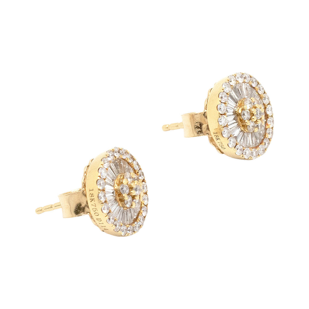 18k Yellow Gold Round & Baguette Cut Diamond Pave Round Earrings