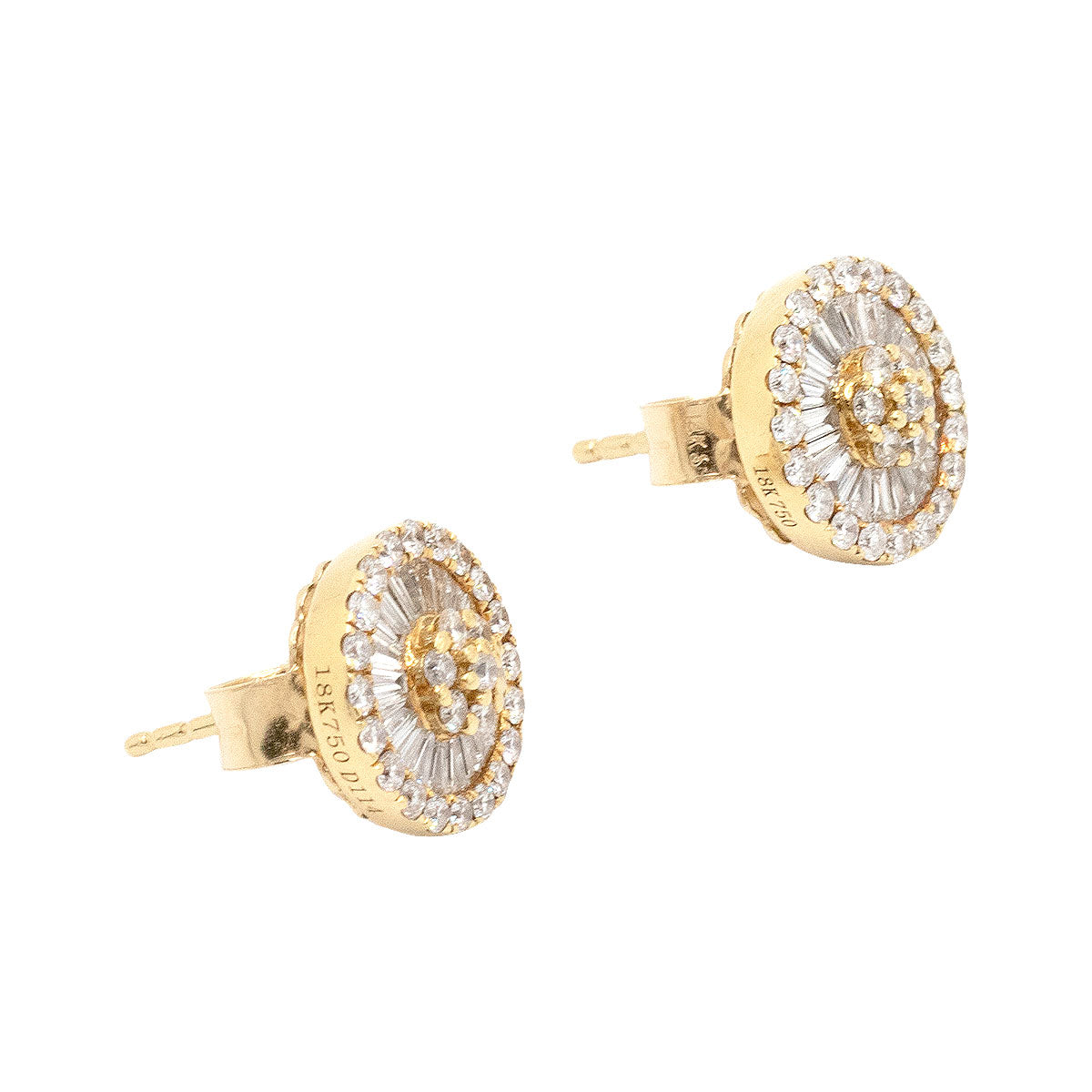 18k Yellow Gold Round & Baguette Cut Diamond Pave Round Earrings