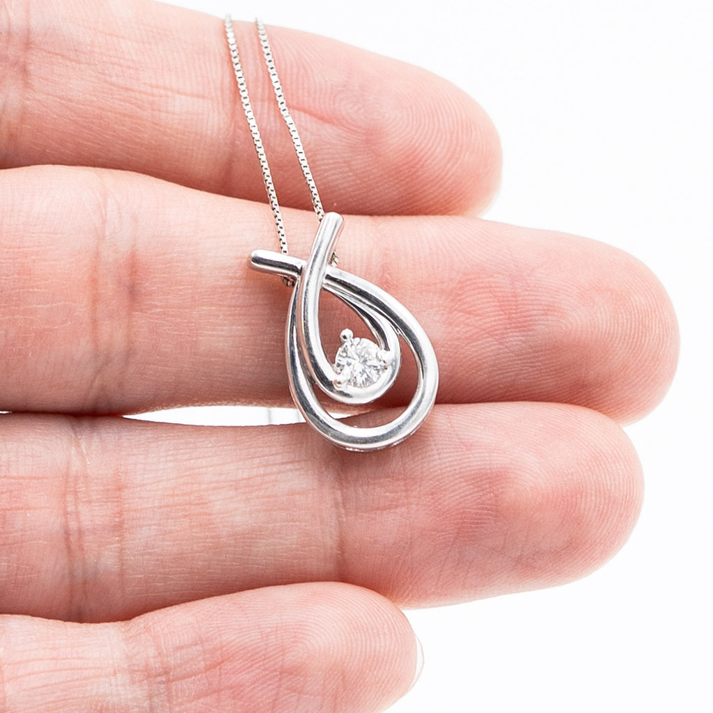 10k White Gold Small Round Diamond Tear Shape Pendant Necklace