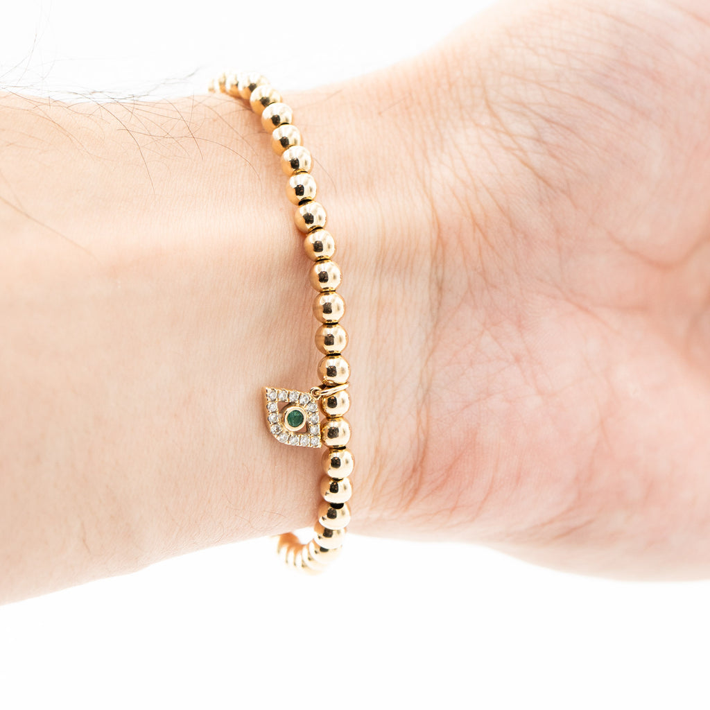 14k Yellow Gold Bead Evil Eye Charm Bracelet