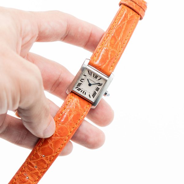 Cartier Tank Stainless Steel Ladies Watch On Orange Leather Strap