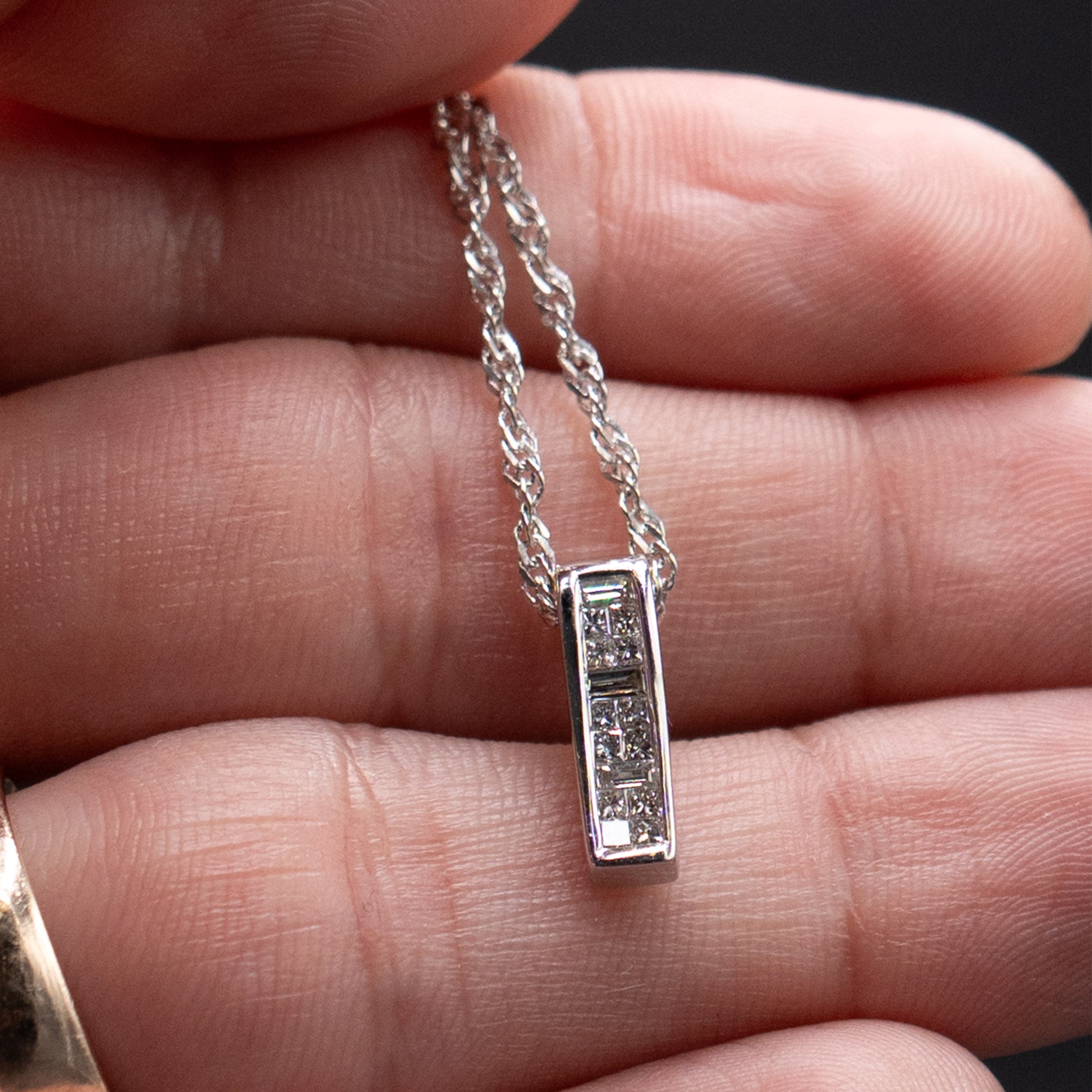 14k White Gold Princess & Baguette Cut Diamond Pendant Necklace