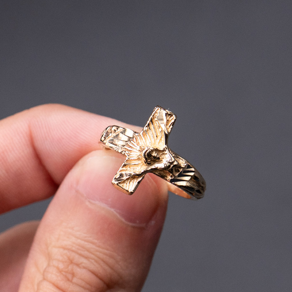 14k Yellow Gold Jesus Side Cross Ring