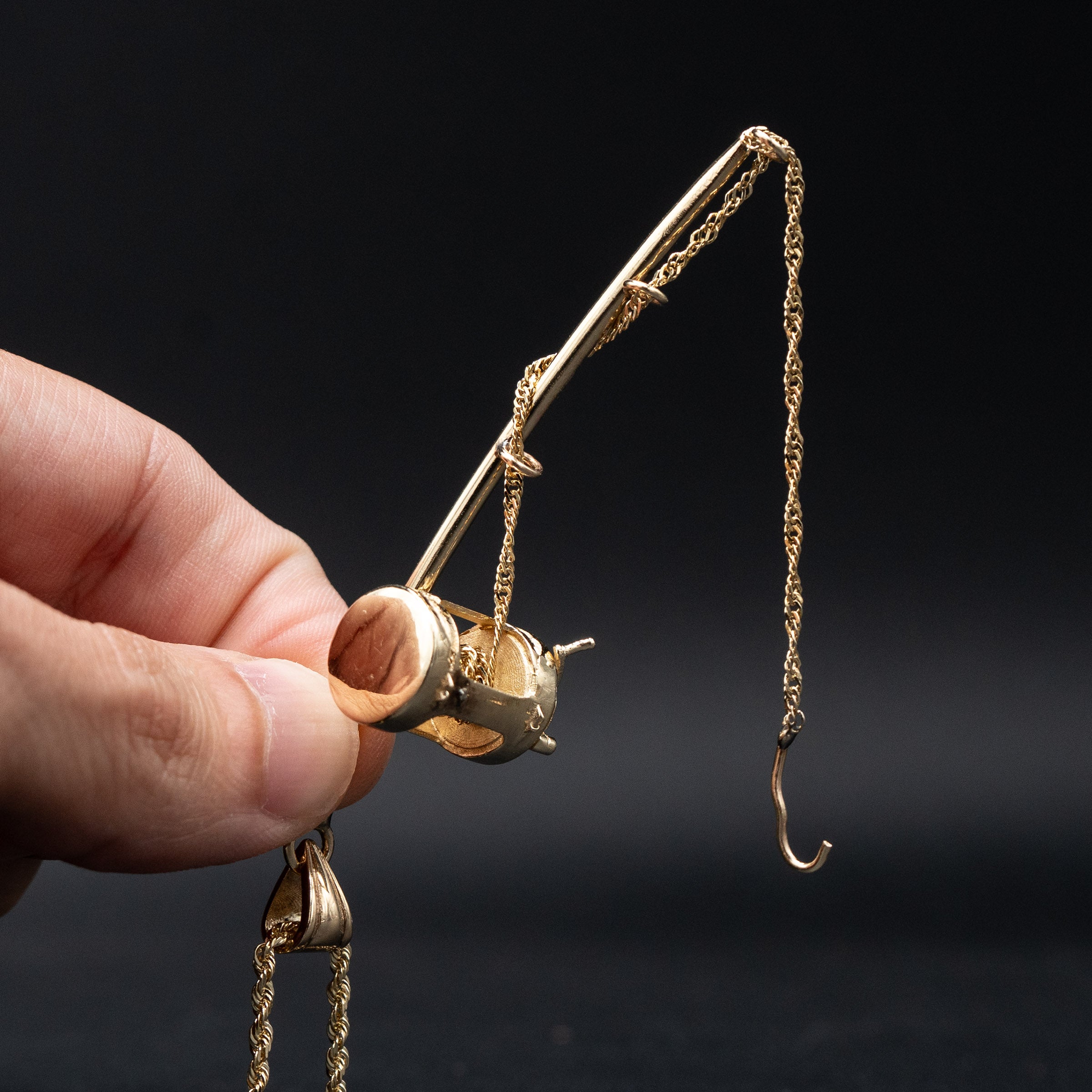 14k Yellow Gold Fishing Rod Chain Pendant Necklace