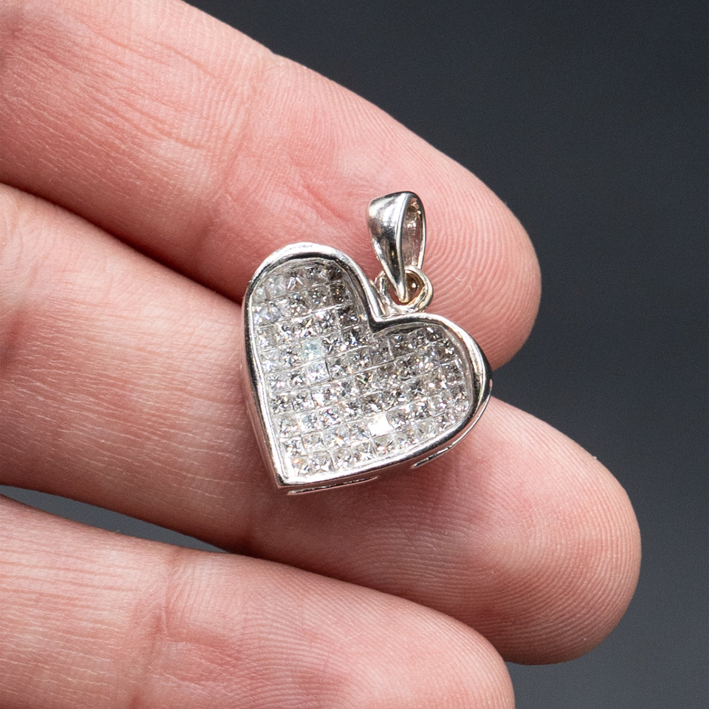 14k White Gold Invisible Set Diamond Pave Heart Pendant
