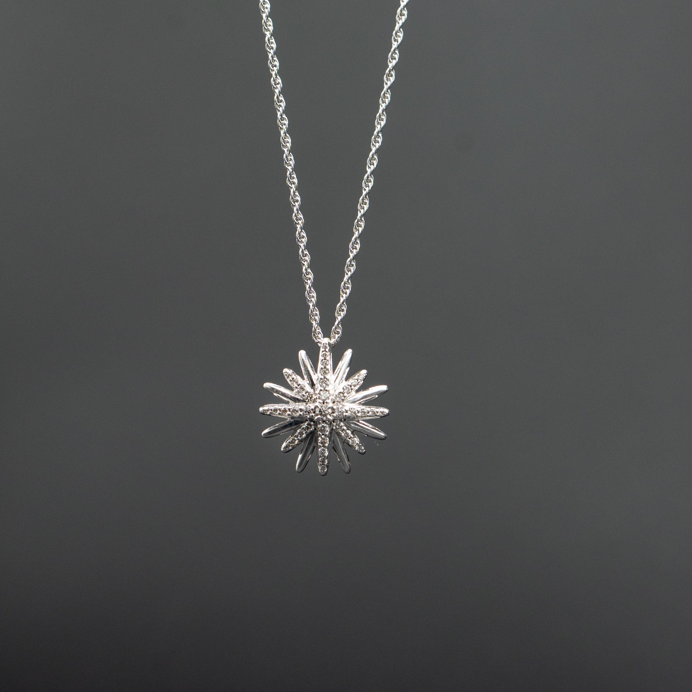 10k White Gold Round Cut Diamond Pave Star Pendant Necklace