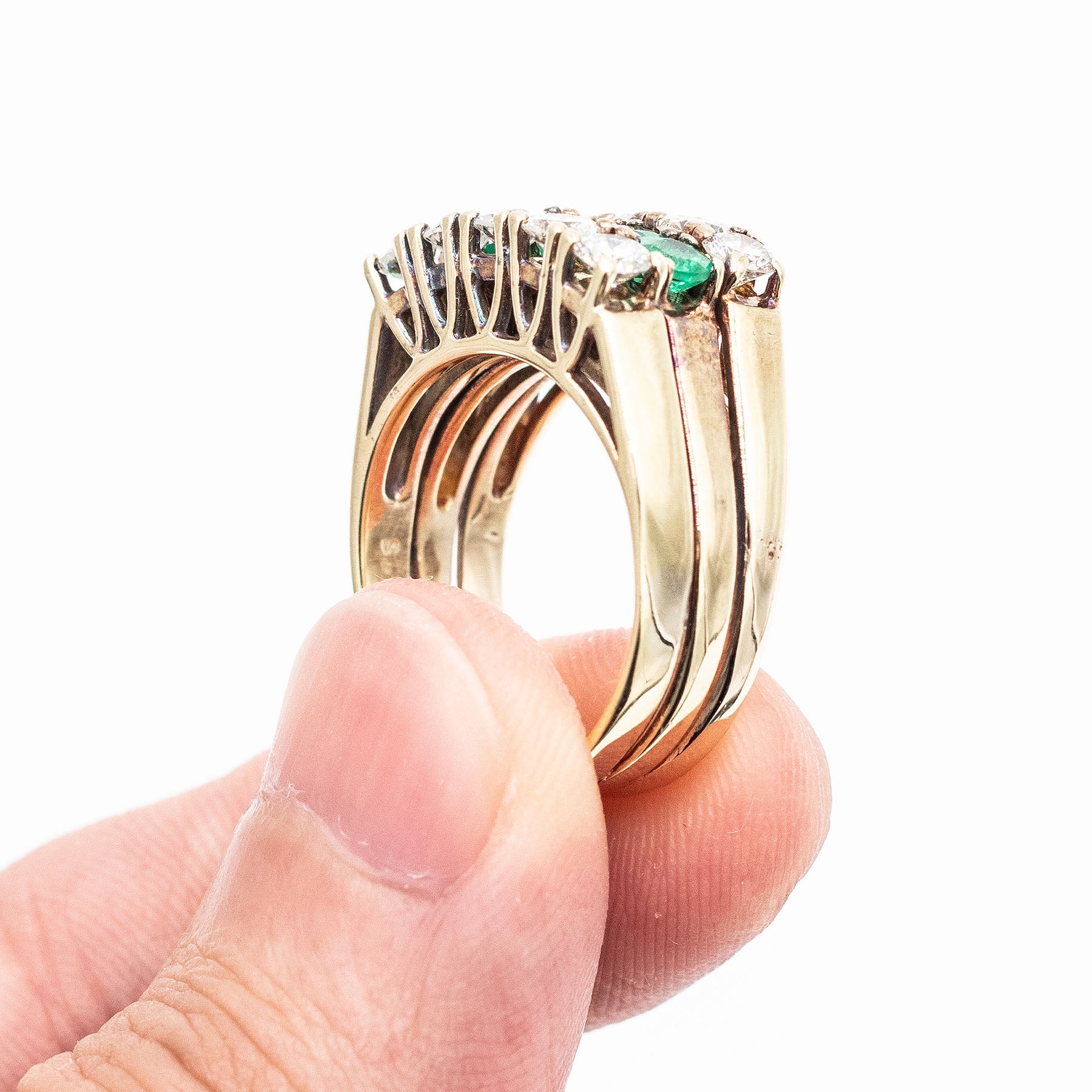 14k Yellow Gold Round Diamond & Emerald Wide Ring