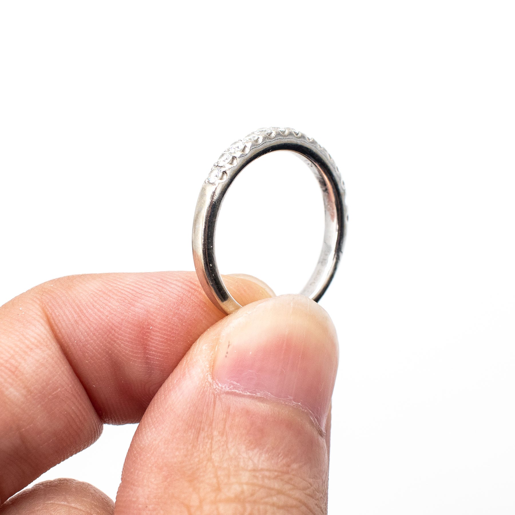 14k White Gold Round Diamond Halfway Wedding Band (1 stone missing)