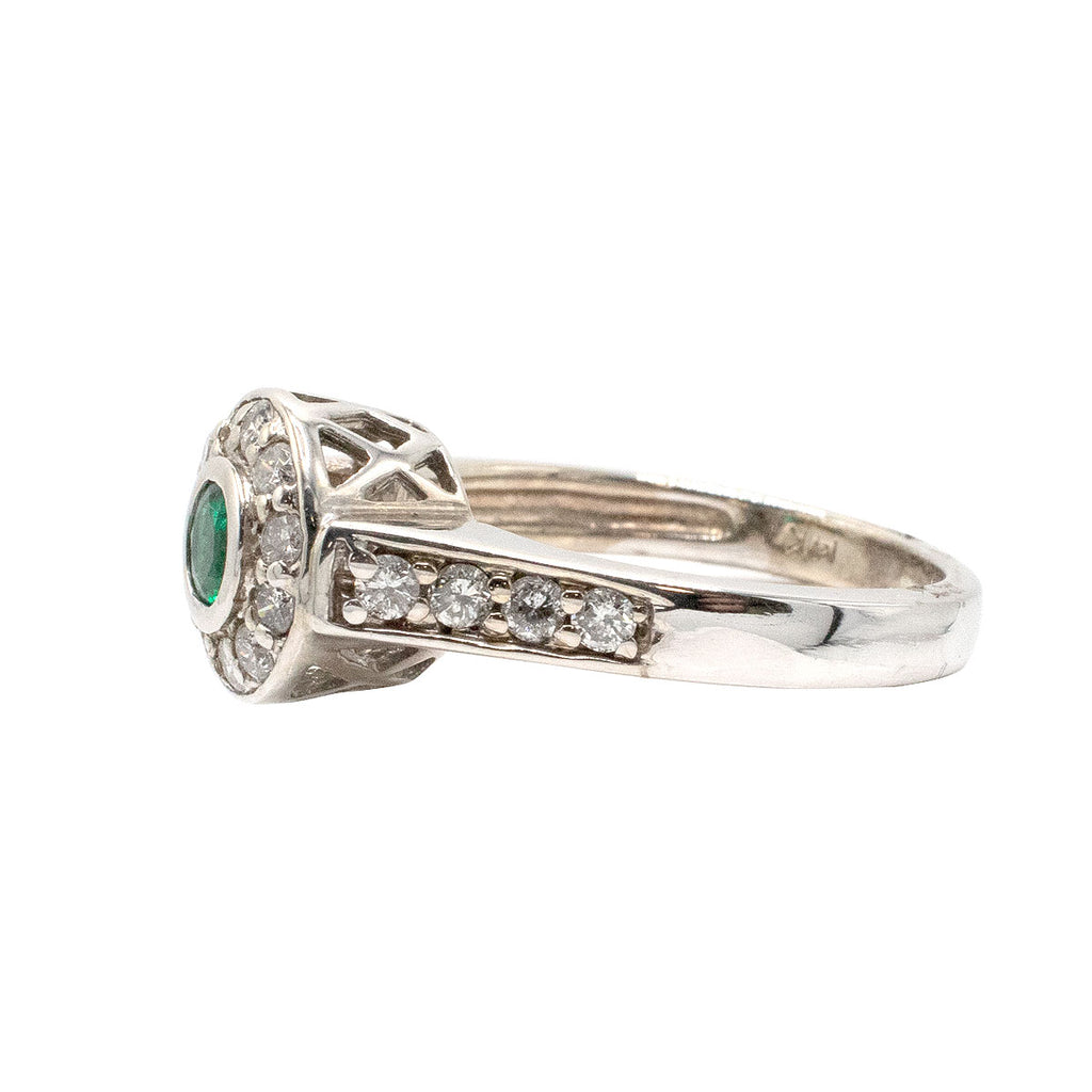 14k White Gold Bezel Set Round Emerald Ring With Diamonds