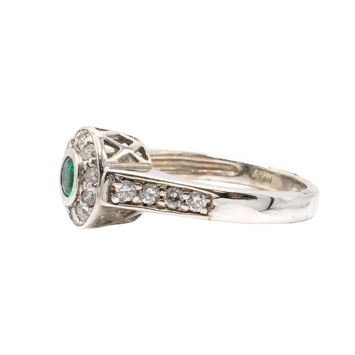 14k White Gold Bezel Set Round Emerald Ring With Diamonds