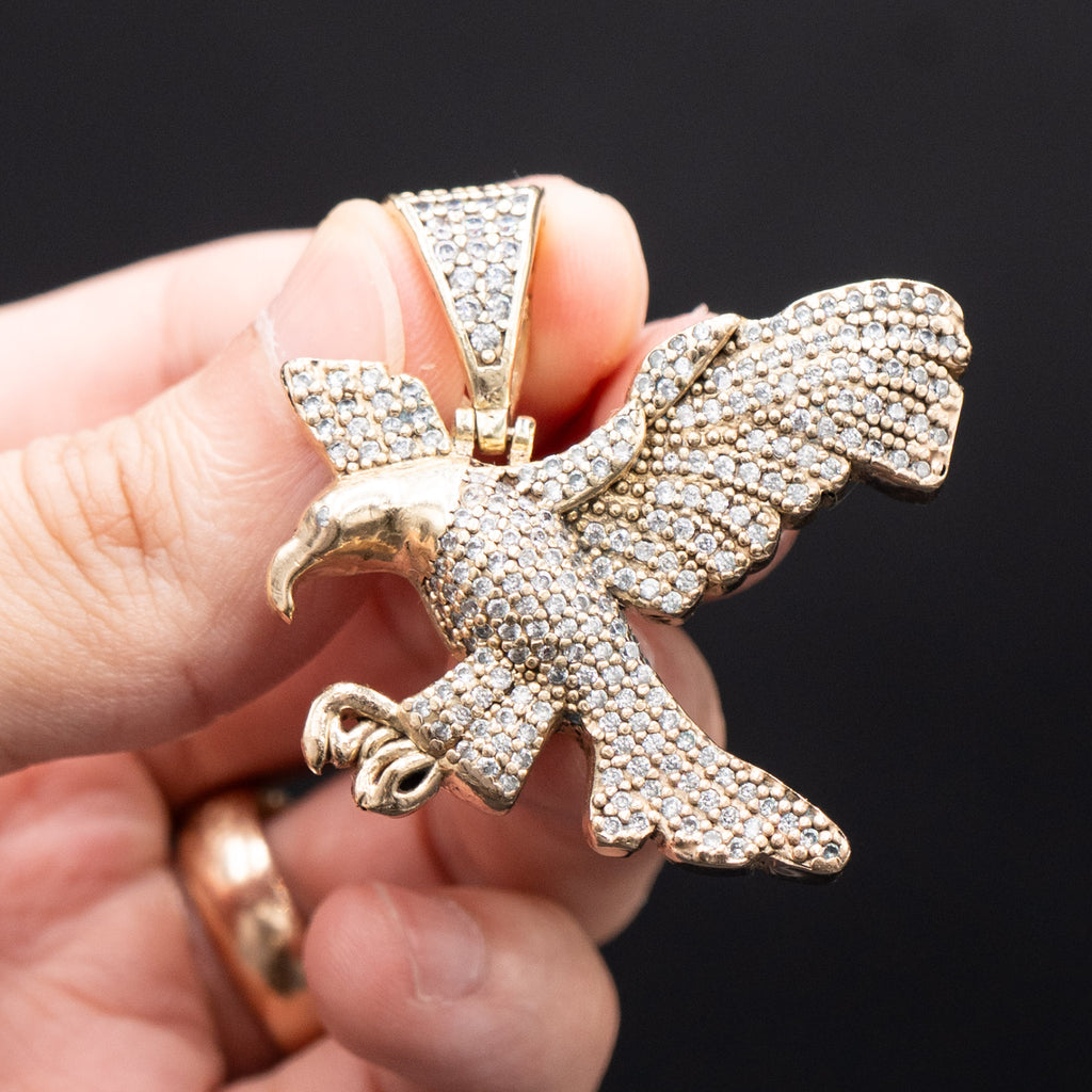 14k Yellow Gold Round Gemstone Pave Style Eagle Pendant
