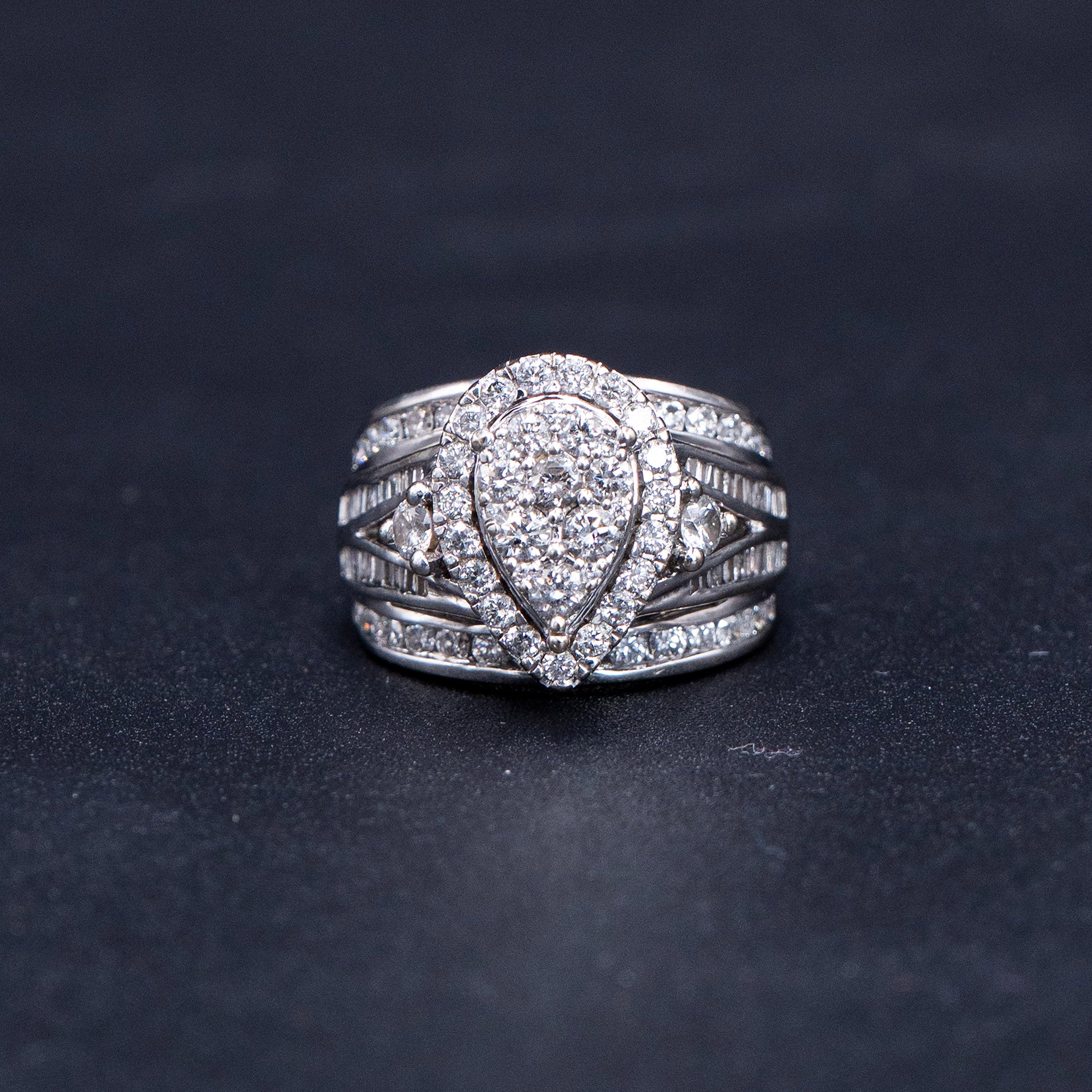 14k White Gold Round & Baguette Diamond Pave Pear Shape Ring