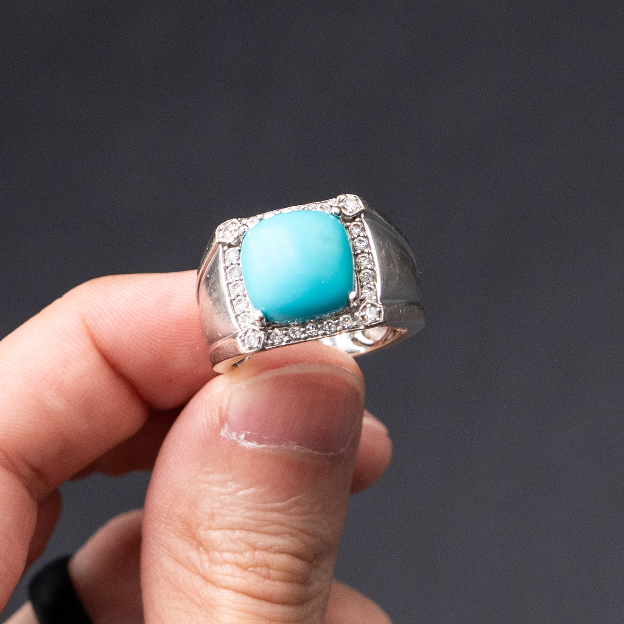 14k White Gold Turquoise Cabochon Diamond Ring