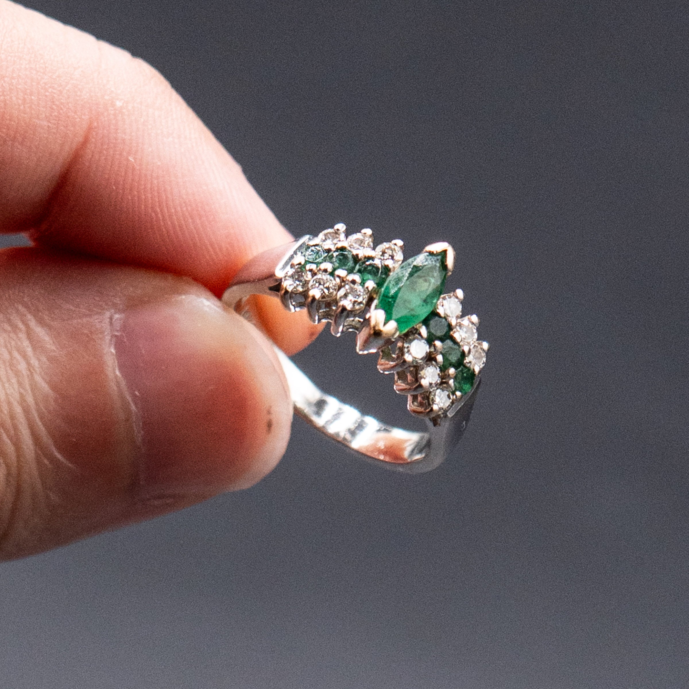 14k White Gold Marquise Emerald & Diamond Ring