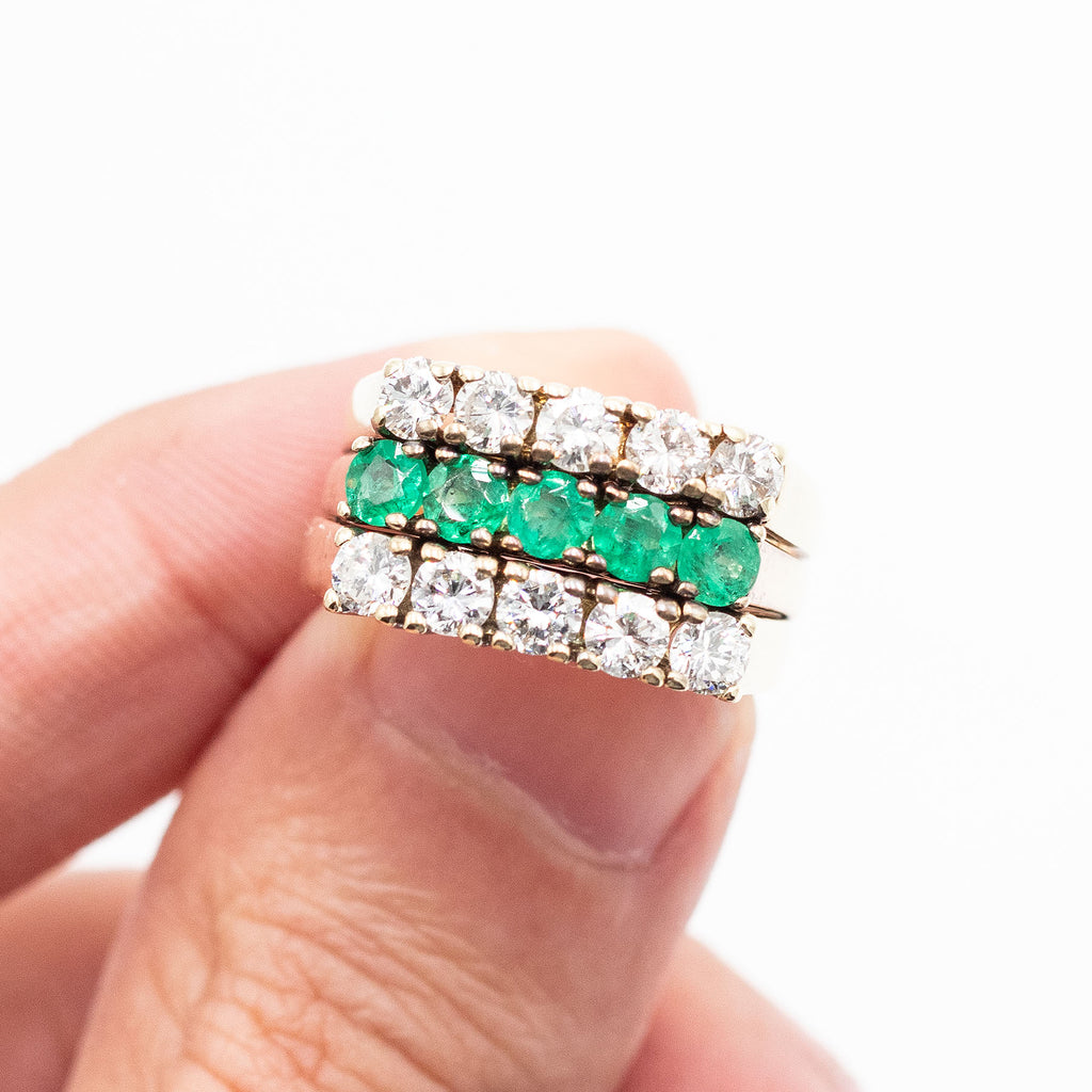14k Yellow Gold Round Diamond & Emerald Wide Ring