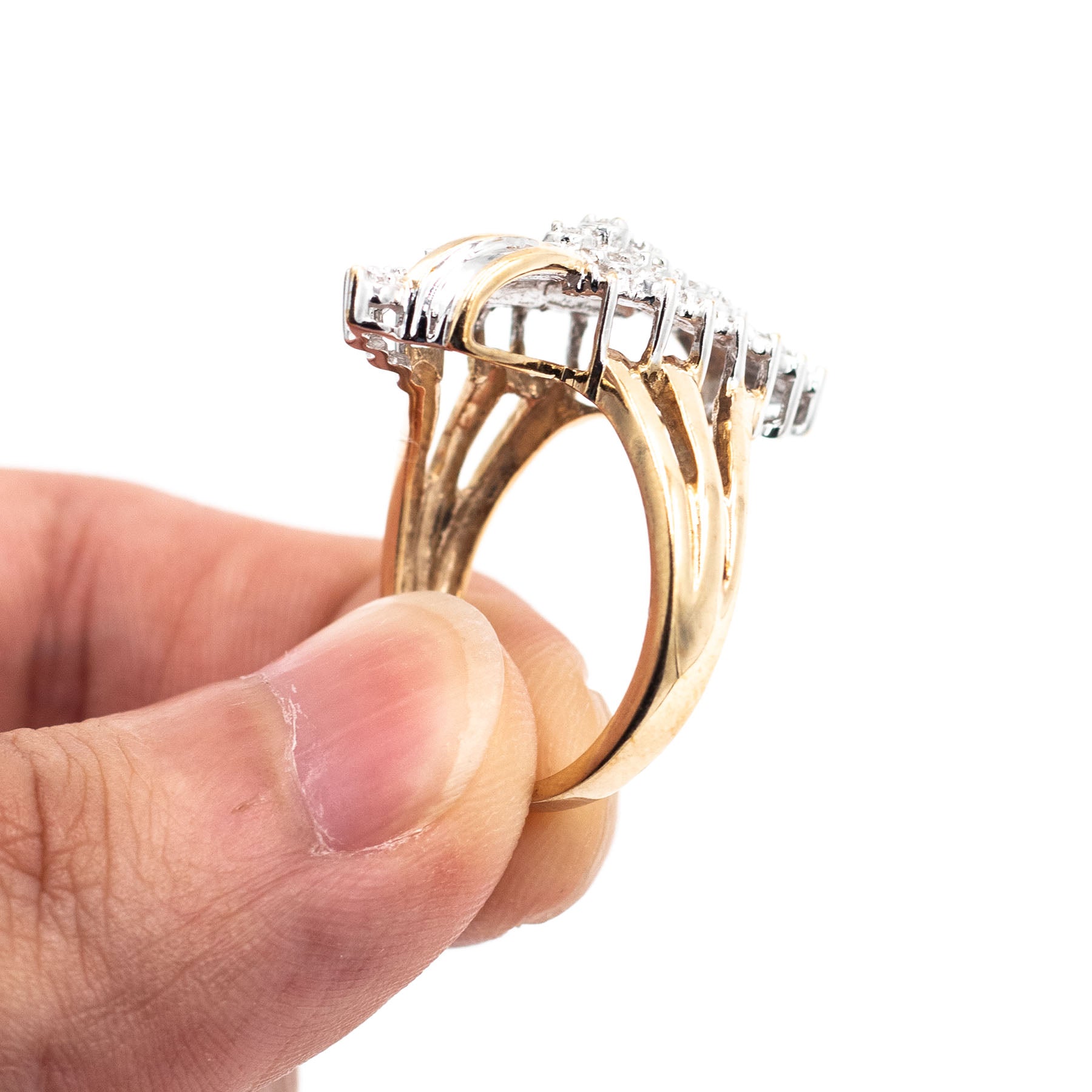 10k Yellow Gold Round & Baguette Shield Ring