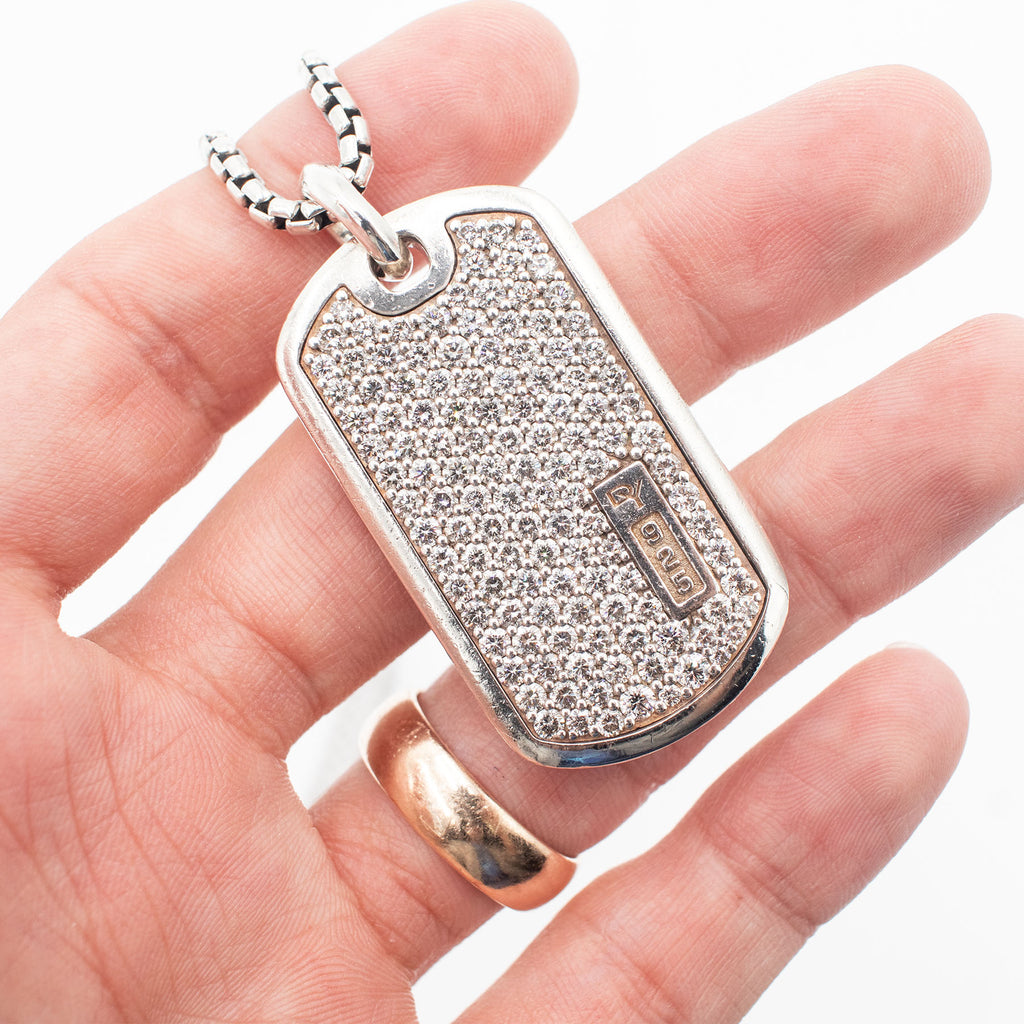 David Yurman Sterling Silver Diamond Pave Dog Tag Necklace
