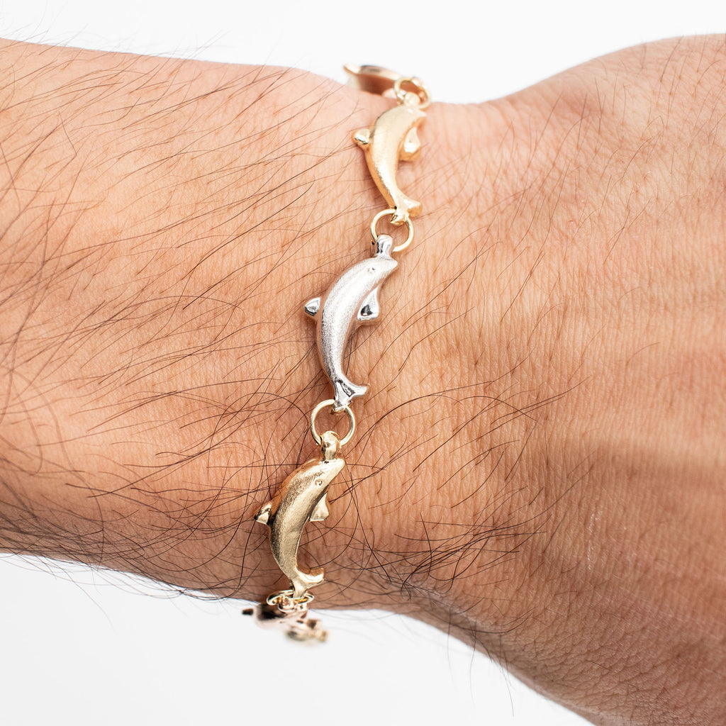 14k Tri Tone Dolphin Link Bracelet