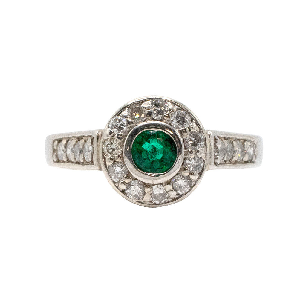 14k White Gold Bezel Set Round Emerald Ring With Diamonds