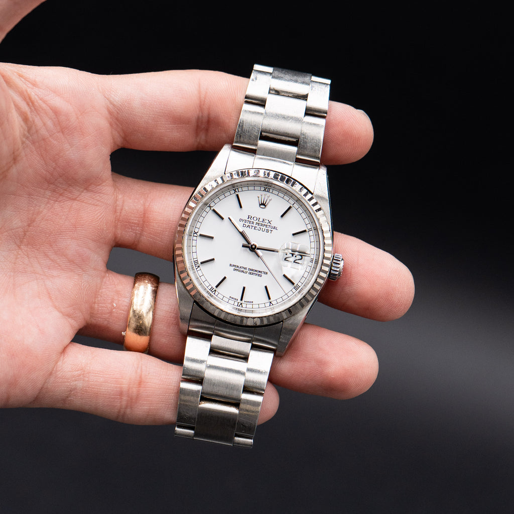 Pre-owned Rolex 16234 Datejust white dial stainless steel watch with box and papers