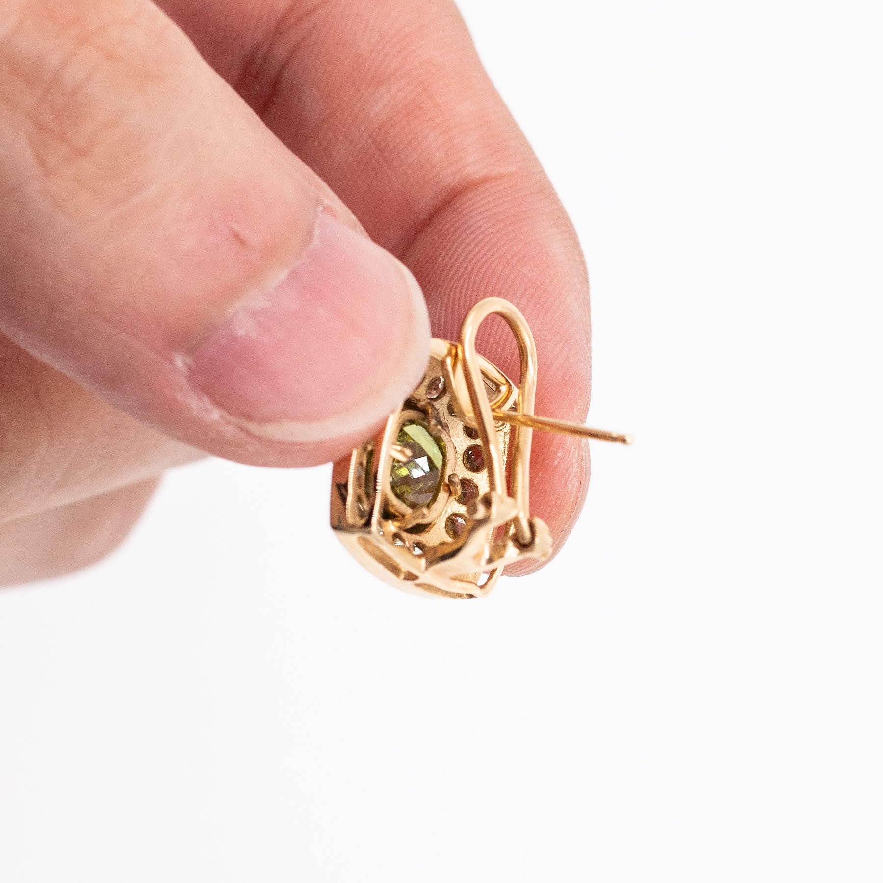 14k Yellow Gold Green Gemstone Omega Earrings