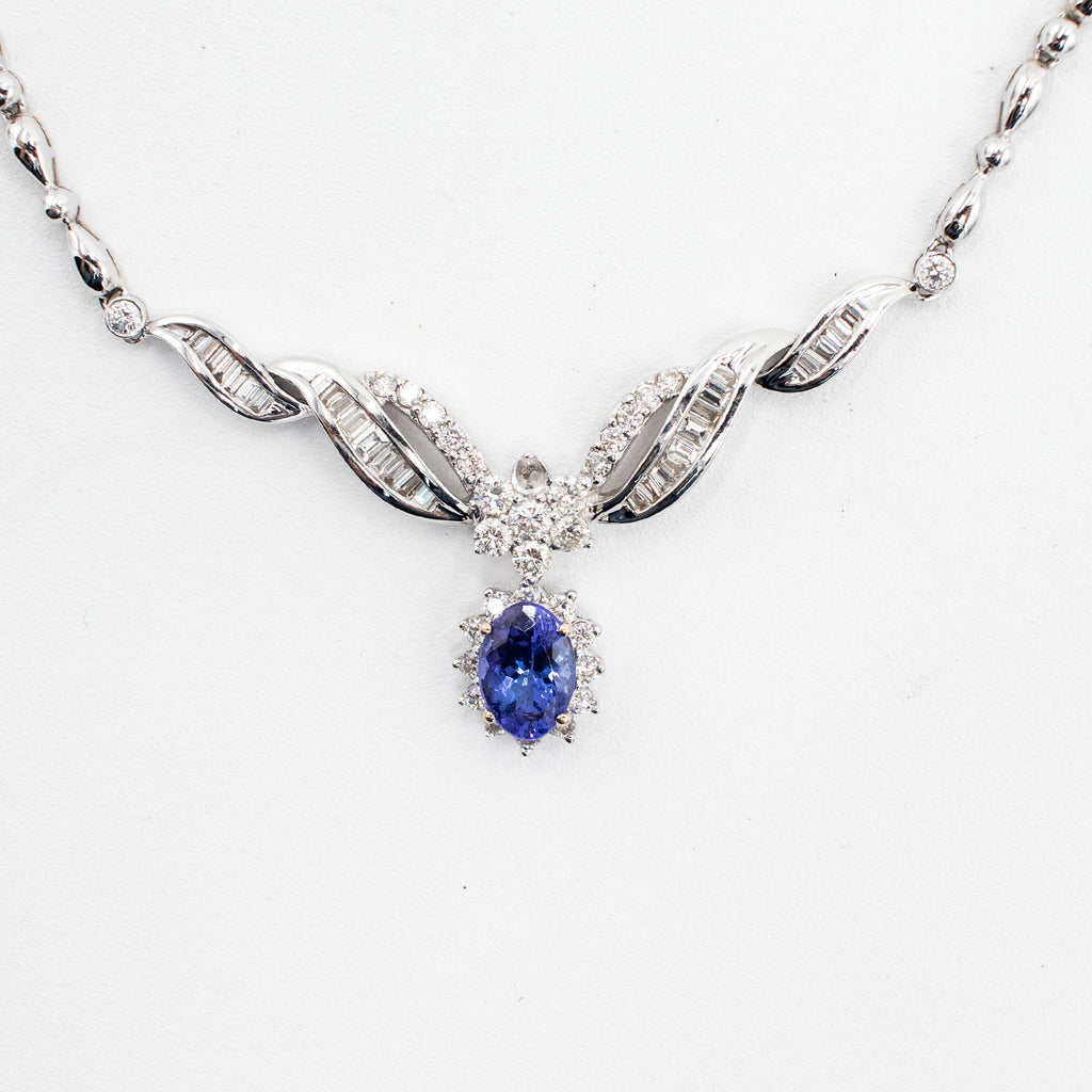 18k White Gold Diamond Graduating Blue Gemstone V Dangle Necklace