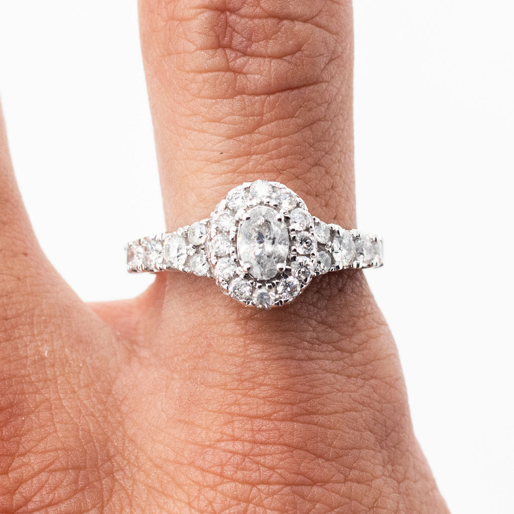 14k White Gold Round Diamond Halo Engagement Ring & Band Set